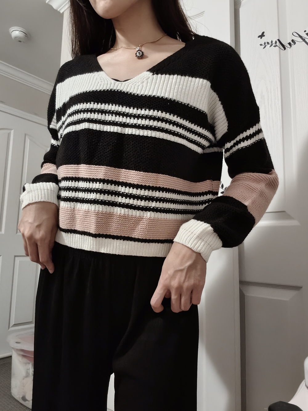 Striped V-Neck Knit Sweater - Black, White & Pink